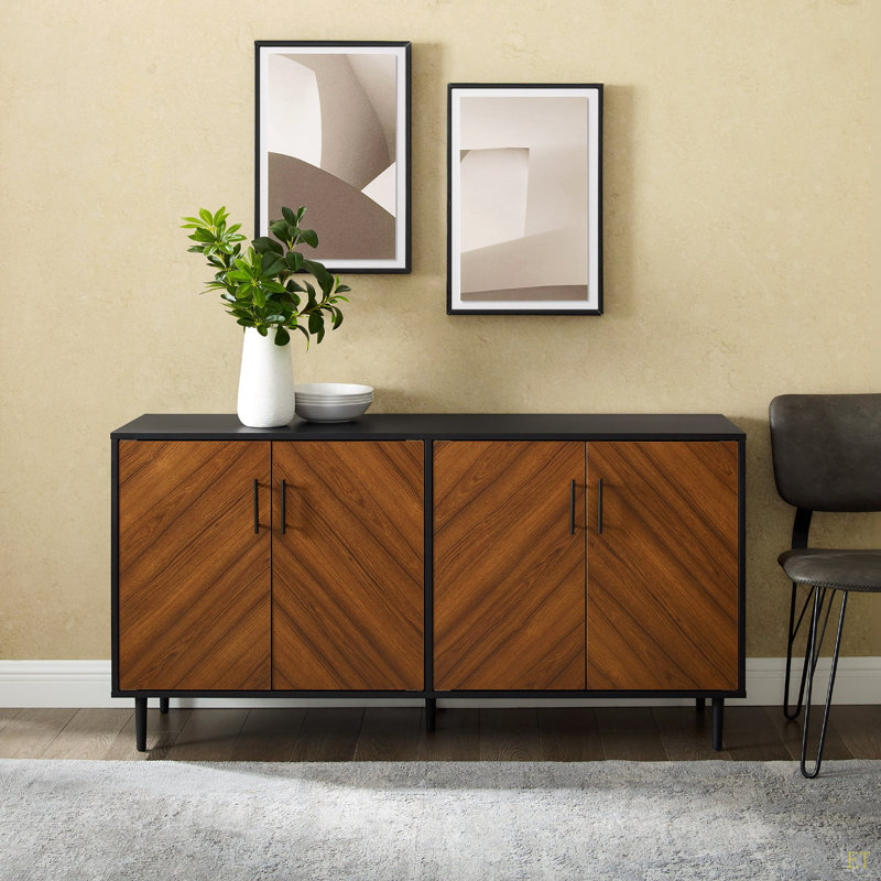 Mid-Century Modern Faux-Bookmatch Door Buffet -Solid, Walnut