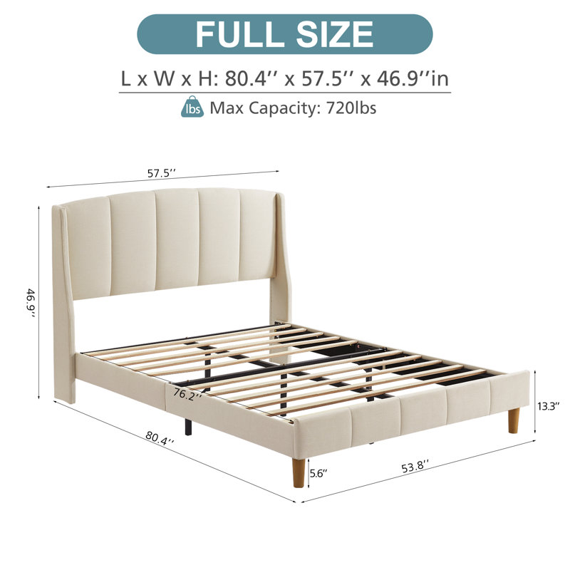 Balynda 46.9“ Tall Headboard Linen Upholstered Wingback Platform Bed, Beige, Full / Double