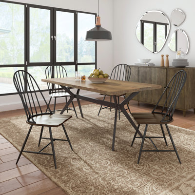 Drayten 70" Iron Gray Metal Base Dining Table And Two-Tone Spindle Windsor Dining Chairs Set