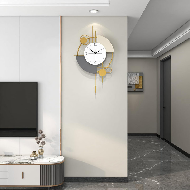 Grande horloge murale silencieuse de 25 pouces, design moderne en métal doré et bois pour le salon, la chambre à coucher ou le bureau