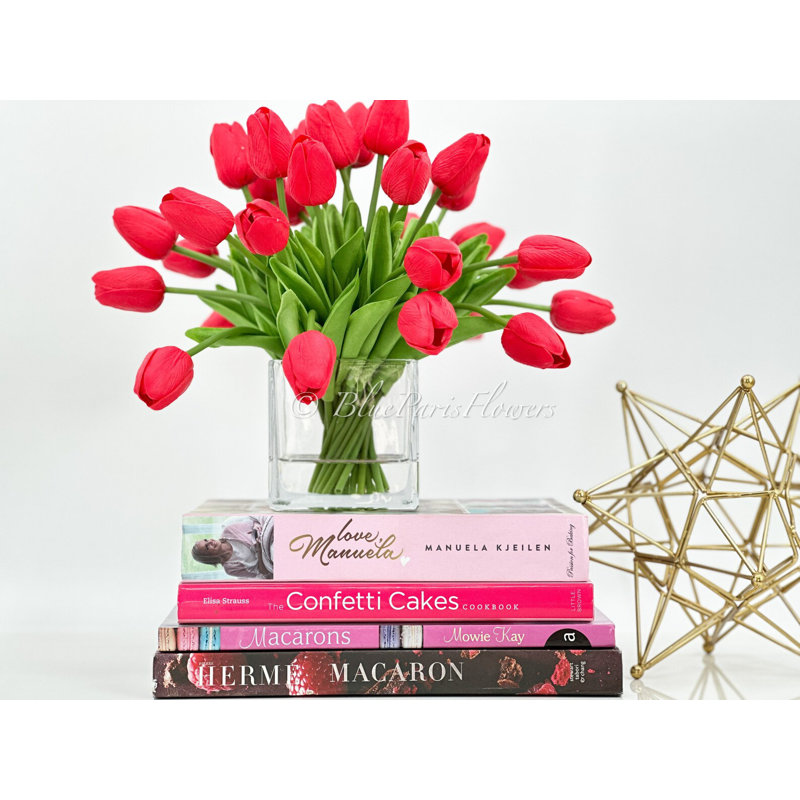 Tulipes 30 tiges, arrangement moderne, tulipes réelles, pièce maîtresse artificielle pour toujours, Rouge
