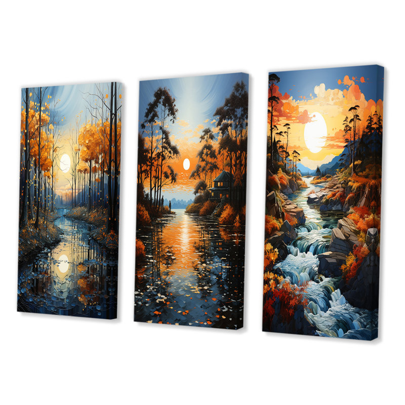 " River Azure Bold " 3 - Pieces, 20" H x 36" W, Wrapped Canvas