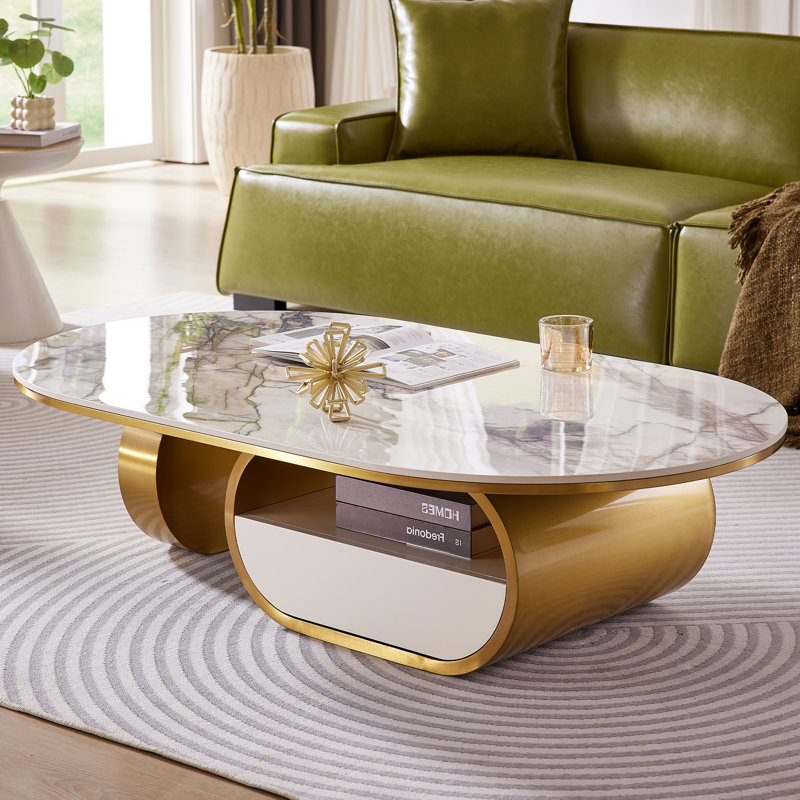 Courtlandt 55.2" Oval Faux Marble Coffee Table with Storage Drawer, Marble Beige/Gold