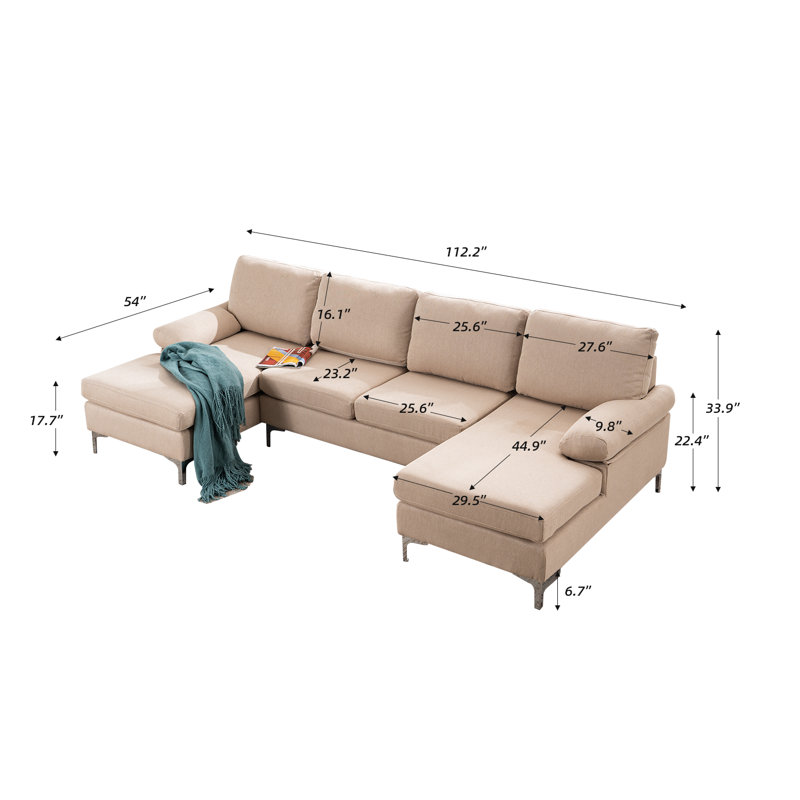 Bahrije Upholstered U-Shaped Sectional Symmetrical, Beige Linen Blend