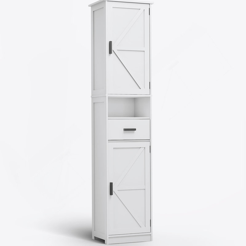 Bathroom Storage Cabinet with 2 Barn Doors and 1 Drawer, Narrow Storage Unit, Adjustable Shelves, White