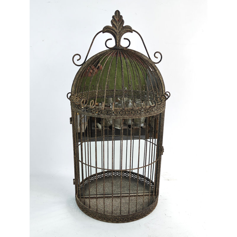 Rusty Bird Cage Garden Wall Mirror Antique Metal Indoor Outdoor Hanging Decorative Accent Decor, Grey