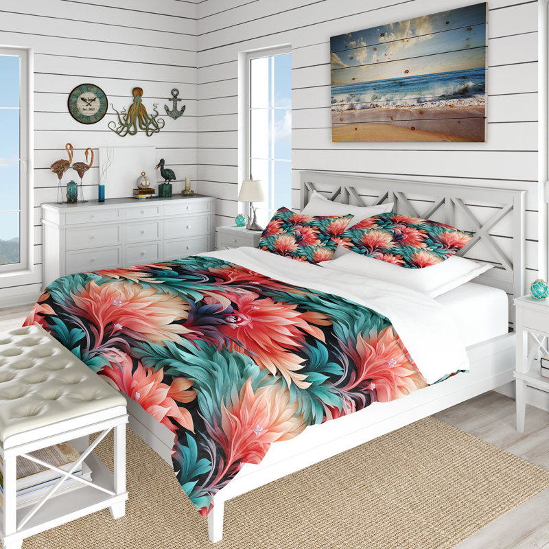 Coral Illusion Tropical Pattern V - Ensemble de housse de couette tropical, Housse de couette pour très grand lit et 2 très