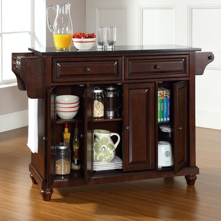 Van Granite Top Kitchen Island, Vintage Mahogany, Black