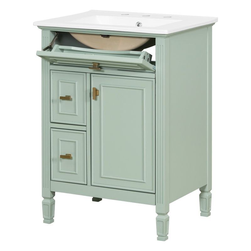 Meuble-lavabo autoportant avec lavabo en céramique avec tiroir rabattable et tablette de rangement réglable