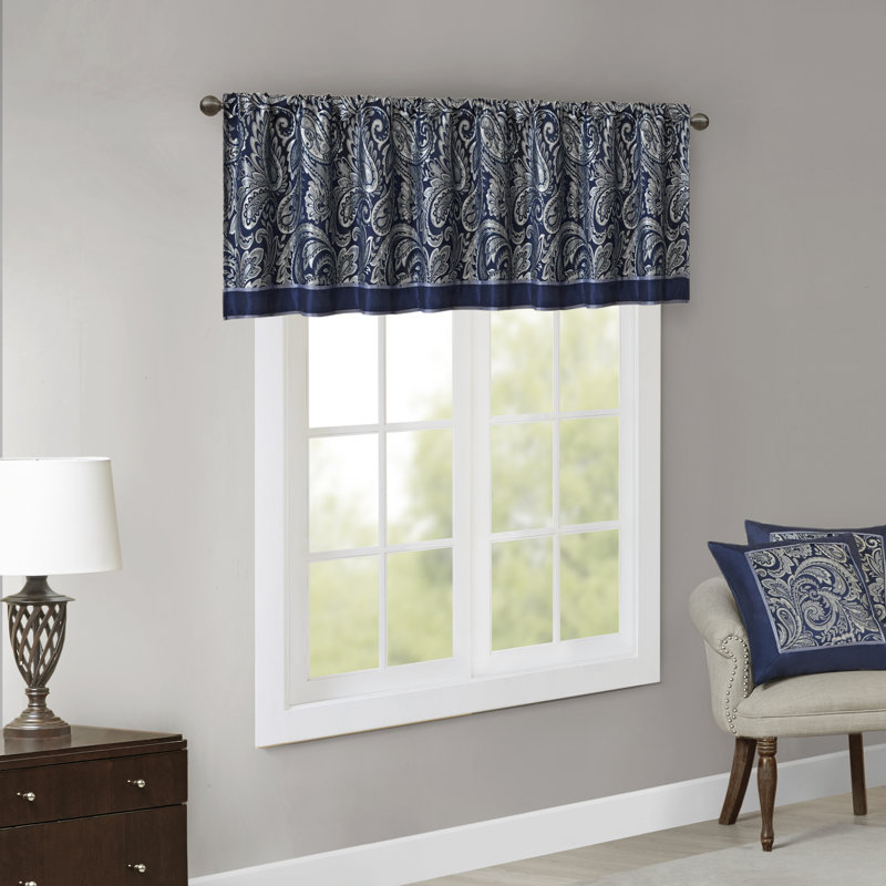 Navy Faux Silk Jacquard Rod Pocket Valance