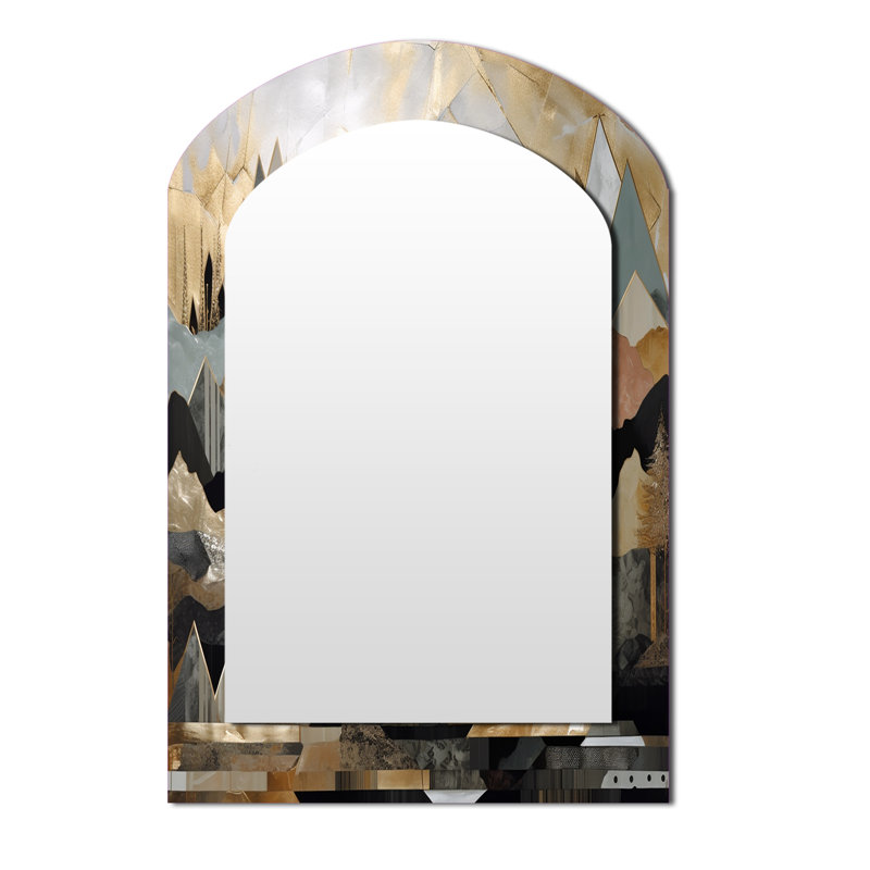 Grey And Gold Geometric Horizons I - City Asymmetrical Wall Mirror, Grey Arch Decorative Mirror, Printed Metal Art, 43" x 33"