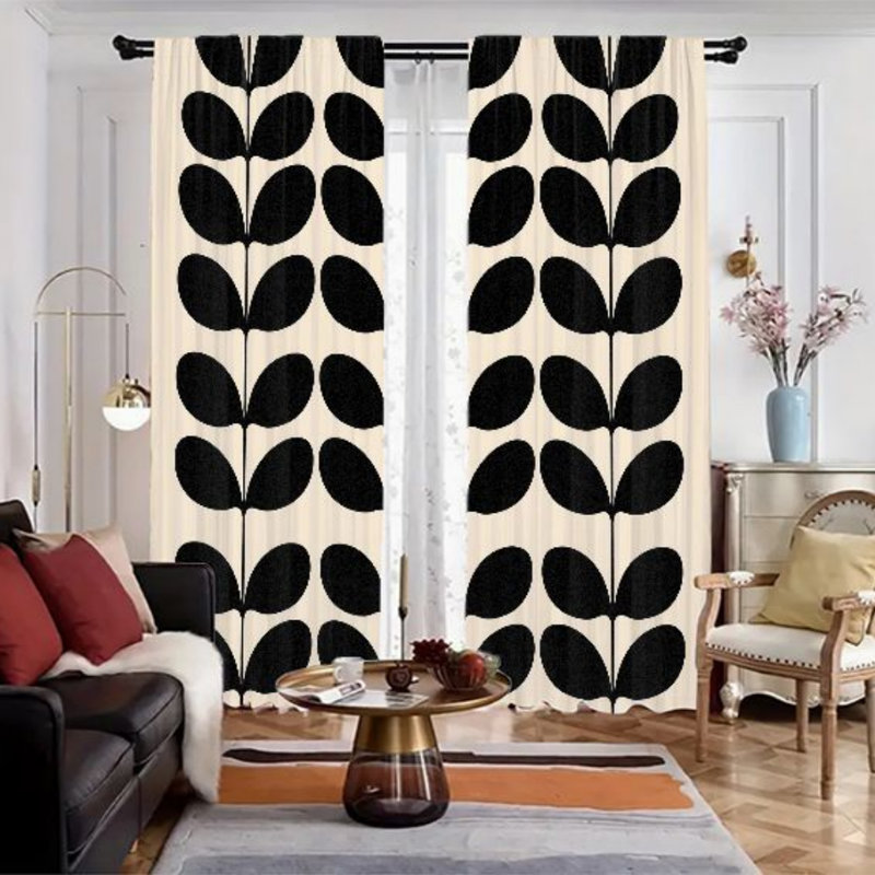 2Pcs Retro Black Leaf Pattern Curtains, Mid Century Modern Abstract Botanical Print Window Drapes for Living Room Bedroom Kitchen Rod Pocket Treatment, Boho Home Decor