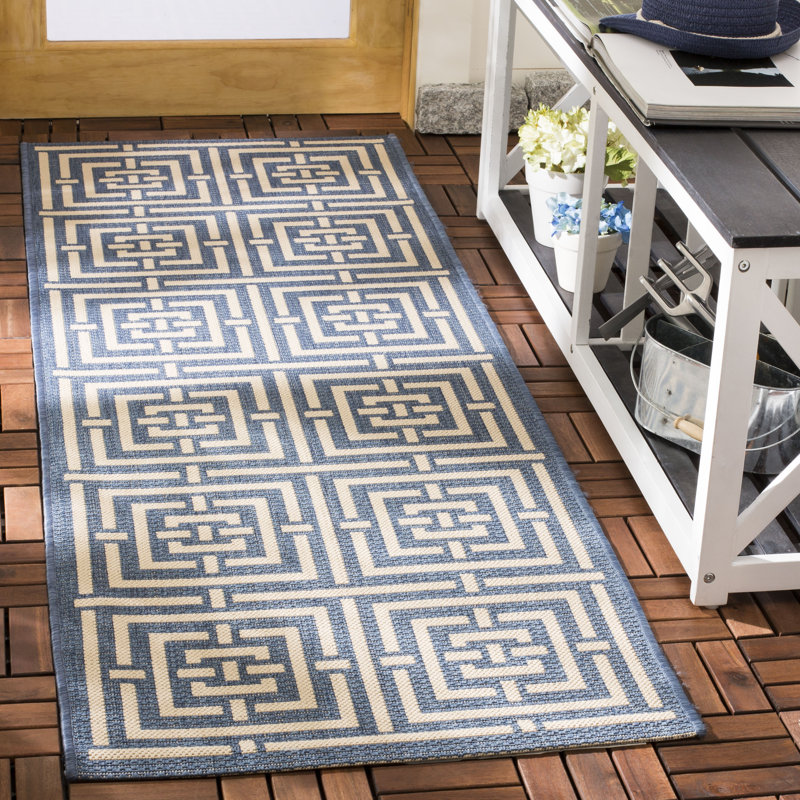 Tapis intérieur / extérieur bleu / os Arneshia, Tapis de couloir 2 pi 3 po x 10 pi