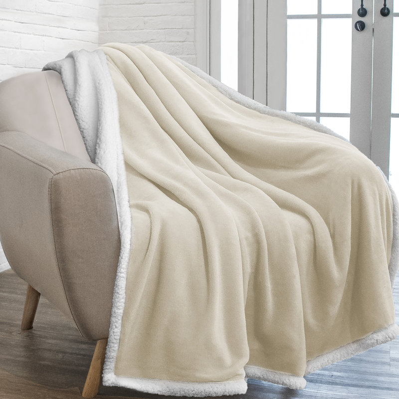 Cream Beige Reversible Sherpa Fleece Throw Blanket