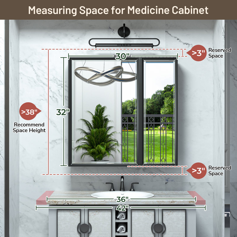 Lunara Recessed & Surface Framed 2 Door Medicine Cabinet with Mirror and Shelves, White, 32" H x 30" W x 5.2" D