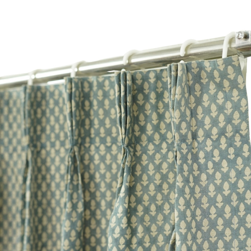 Floral Block Print Curtain Linen Drape, Pinch Pleated, Soft Boho  Elegant Home, Office, Bedroom, Kitchen, Patio & Farmhouse Décor, Haryali, Blue