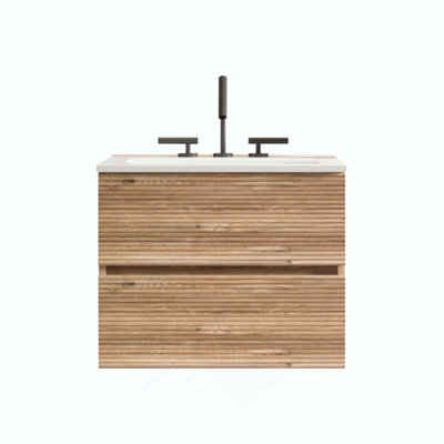 Meuble-lavabo mural en chêne brut et chêne brut avec lavabo en céramique intégré à 3 trous, trop-plein, grand meuble-lavabo flottant pour salle de bain moderne