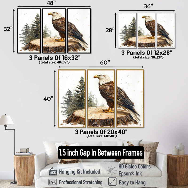Vigile silencieuse aigle en été - Aigle grand art mural - 3 panneaux, H 40 po x l 60 po, Doré