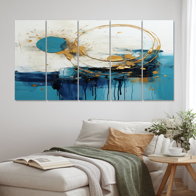 Celestial Delight Abstract In Turquoise And Gold I - Abstract Canvas Art Print - 5 Equal Panels