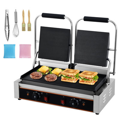 Gril à presser Panini 3600W commercial - Machine à sandwich électrique en acier inoxydable - Contrôle de la température réglable - Plaque émaillée à rainure complète de 19 po x 9 po - Pour hamburgers, steaks, bacon - Argent, planche double à plat