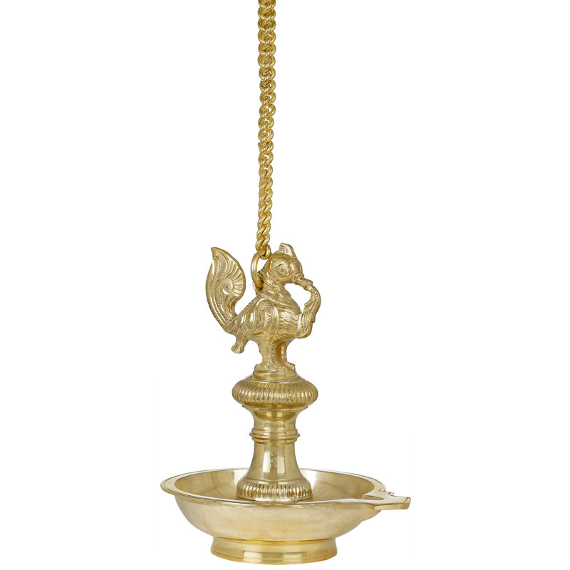 9" Handmade Brass Roof Hanging Peacock Annam Lamp - Indian Ritual Oil Diya, Symbolic Saraswati Vahana for Sacred Spaces & Ambient Home Lighting​