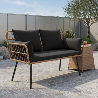 Causeuse d'extérieur en osier 2 places avec coussins noir et blanc cassé, structure en métal robuste, chaise de patio en rotin PE pour cour, terrasse ou balcon