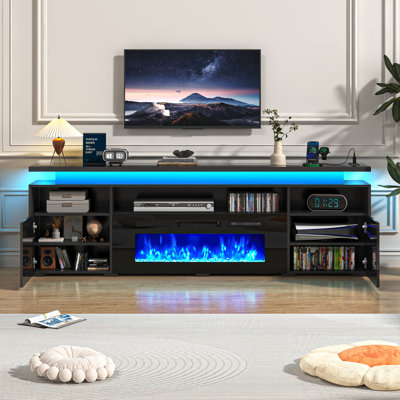 82.6" Fireplace Tv Stand For Tvs Up To 95 In, High Gloss Media Console With 40" Electric Fireplace, LED Lights and Charging Station, Fireplace Entertainment Center For Living Room, Black