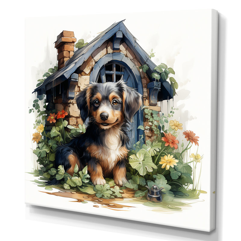 «Puppy Doghouse Blooms I», art mural chien, Toile tendue, H 36 po x l 36 po x P 1,5 po