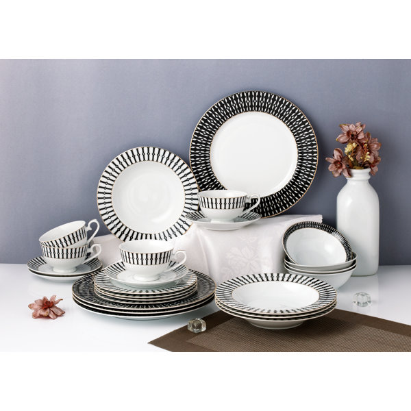 Lorren Home Trends 16 Piece Blue Stripe Porcelain Dinnerware Set