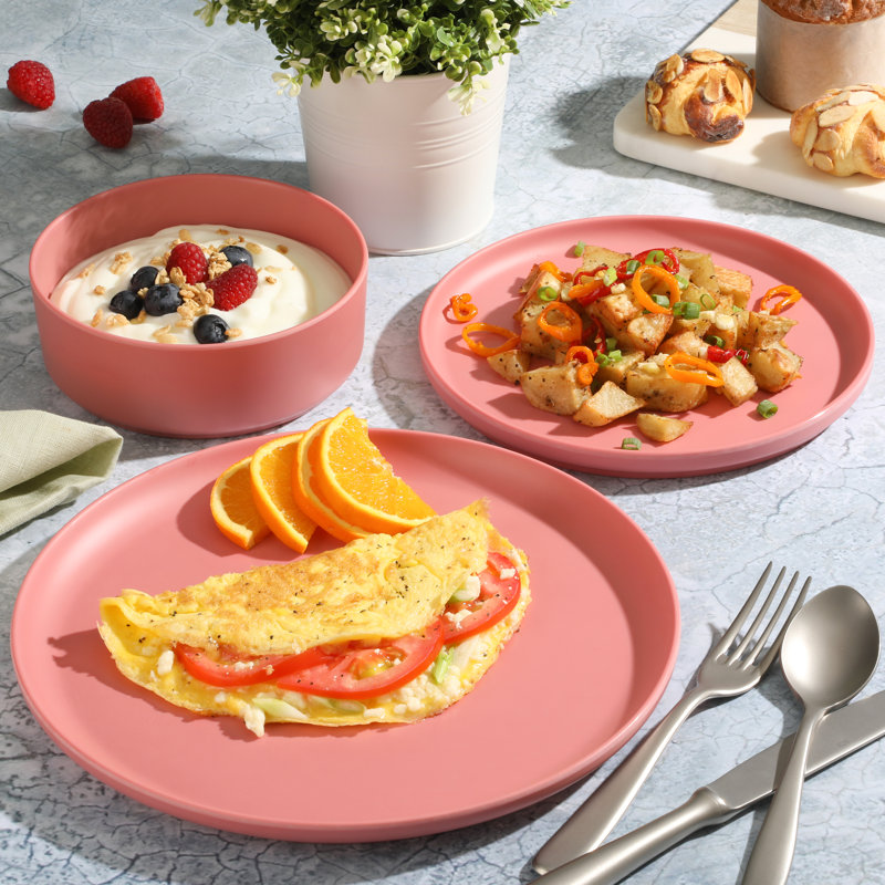 Gibson Home Canyon Crest 12-Piece Stackable Matte Melamine Dinnerware Set, Rose Red
