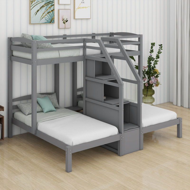 Twin Over Twin & Twin Bunk Bed With Built-In Staircase And Storage Drawer