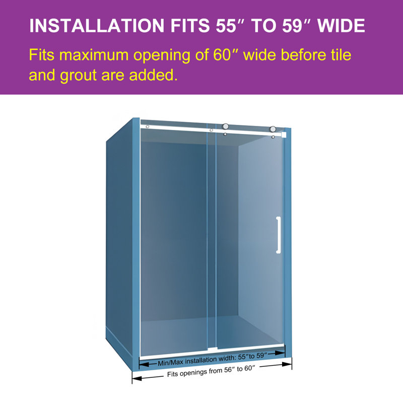 Helius 55" - 59" W x 75" H Single Sliding Frameless Shower Door with Clear Glass, Brushed Nickel