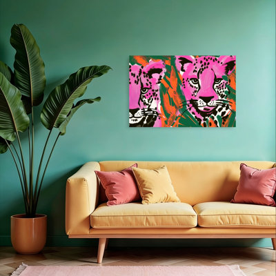 Pink Cheetah Duo Bold Colorful Modern Cat Animal Tropical Wall Art Print 1 Piece Wrapped Canvas Wall Art