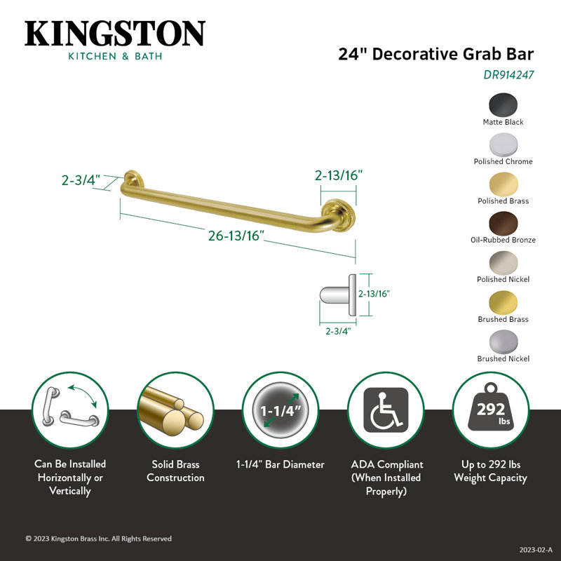 Kingston Brass Camelon 1-1/4 Inch O.D Grab Bar, 32" W, Satin Brass