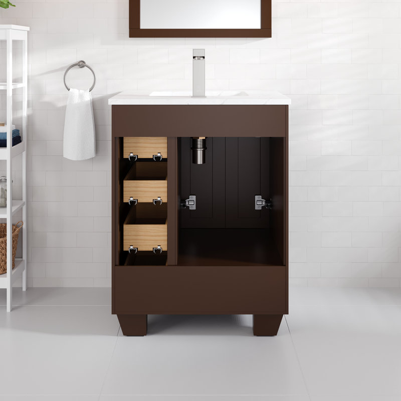 Yena 24 In. Single Sink Bath Vanity With Carrara Quartz Top And Undermount Porcelain Sink, Brown