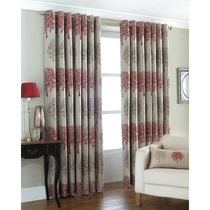  Jacquard Tree Eyelet Curtains, Silver/Cream, 229 W x 137 D cm