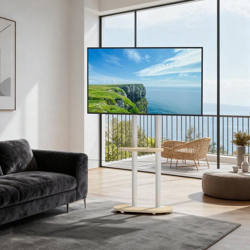 Meuble télé mobile: meuble télé blanc minimaliste avec tablette pour téléviseurs à écran plat à DEL de 40 à 75 po, support pour téléviseur à roulettes lourdes à hauteur ajustable sur roulettes dissimulées