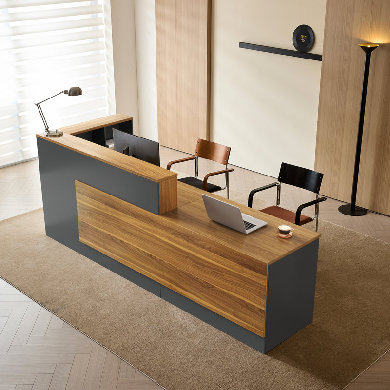 Bureau de réception moderne en L ergonomique avec rangement sur le côté droit, Brun / Gris