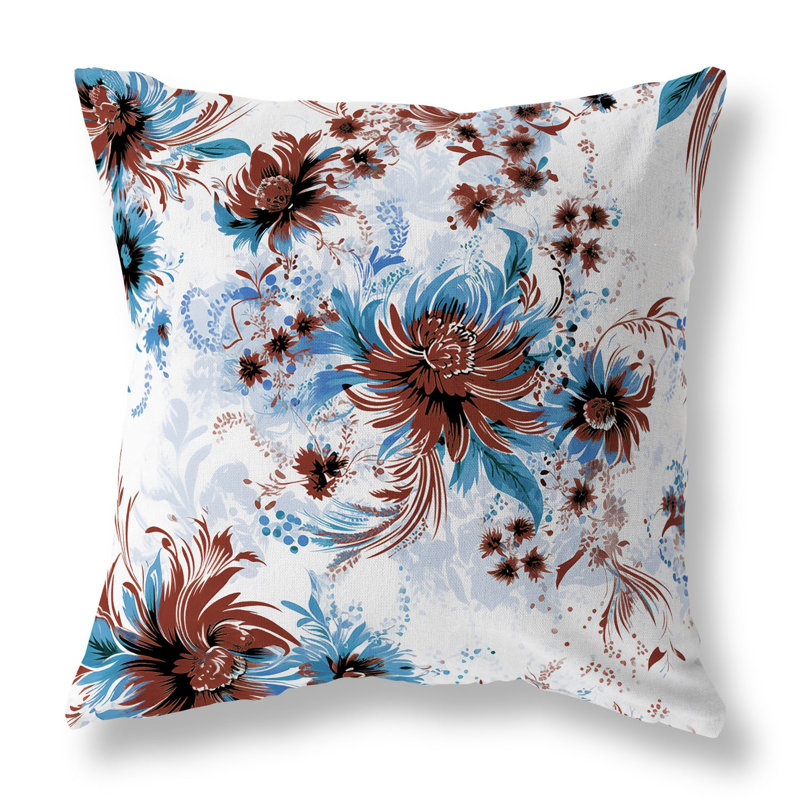 Coussin décoratif intérieur / extérieur à motif floral Delightful Wildflowers, H 20 po x l 20 po, Bleu / brun / floral blanc