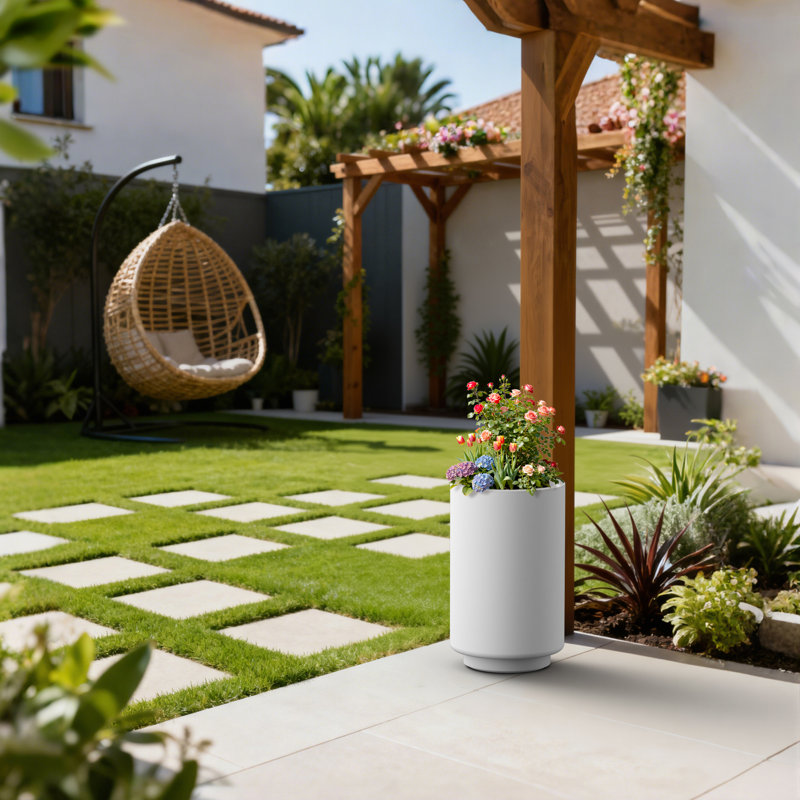 Pot à fleurs cylindrique en béton blanc moyen 15,5 "H avec trou de drainage pour l'intérieur et l'extérieur, Blanc perle