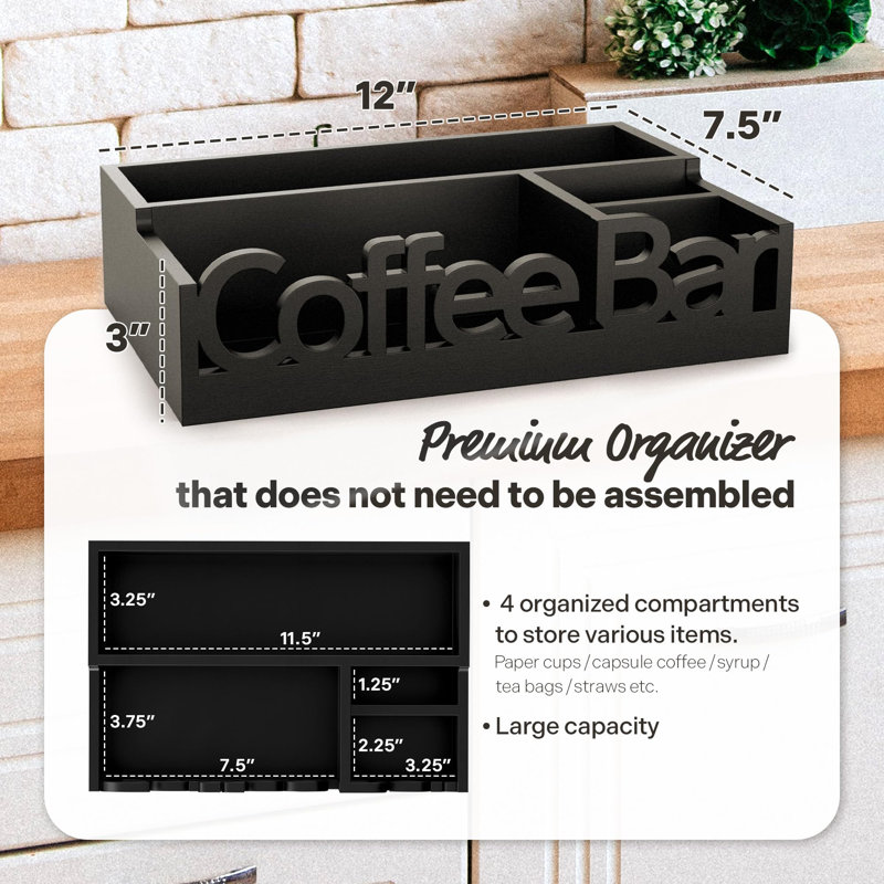 Coffee Bar Organizer For Countertop – Wooden Coffee Caddy With Compartments – Coffee Station Storage For Home And Office (Black)