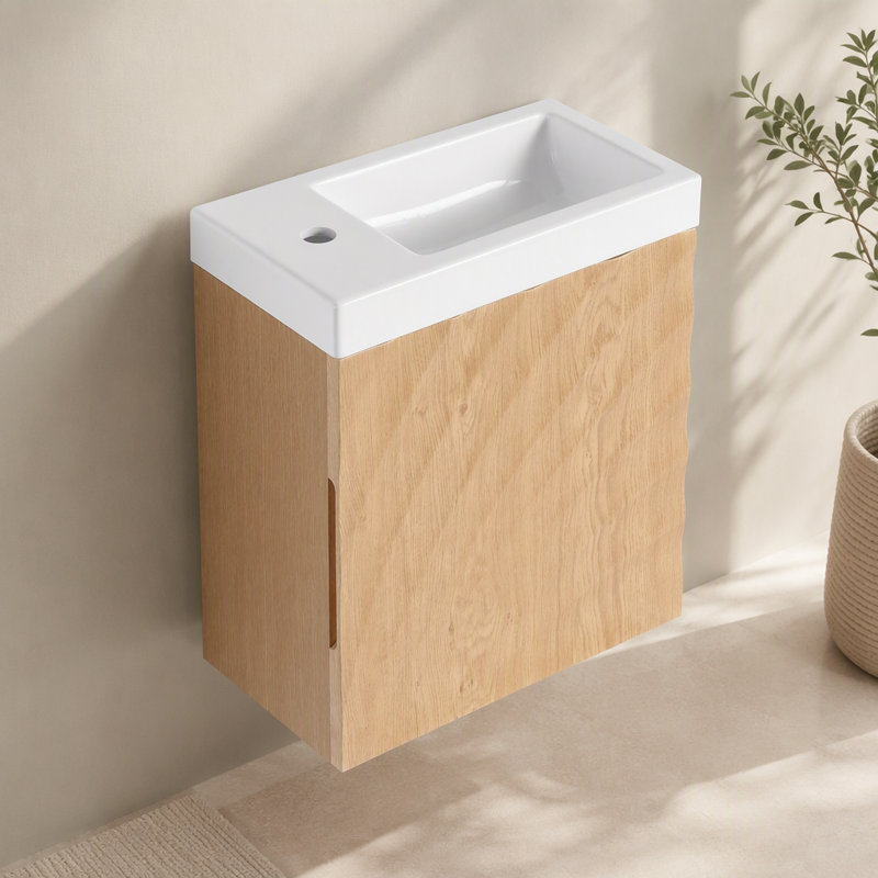 Meuble-lavabo mural 18,5 po avec lavabo en résine, porte simple à fermeture douce, panneau de fibres à densité moyenne, noyer (emballage KD)