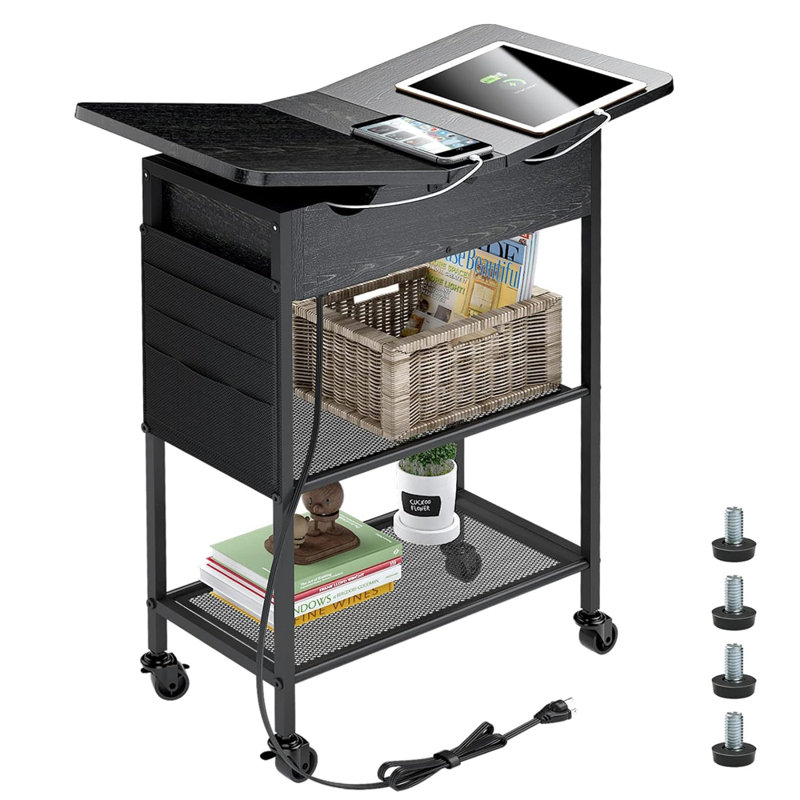 Table de bout Achante avec 2 ports USB, prises de courant et poches latérales (ensemble de 2), Noir, noir, noir, noir