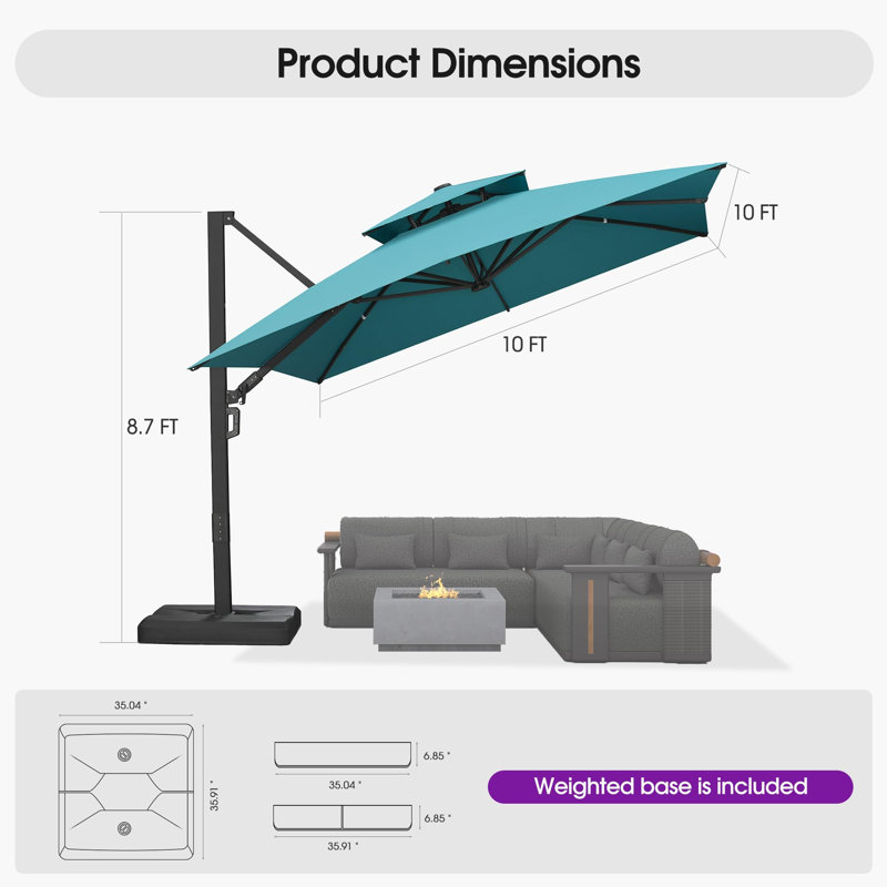 Grand parasol en porte-à-faux carré de 10 pi avec base et rotation à 60 degrés, 120" W x 120" D, Blue