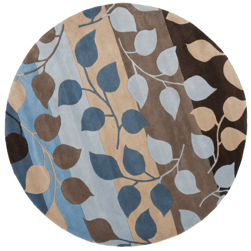 Tapis brun / bleu / beige touffeté à la main à motif floral Avayah, Rond 6 pi