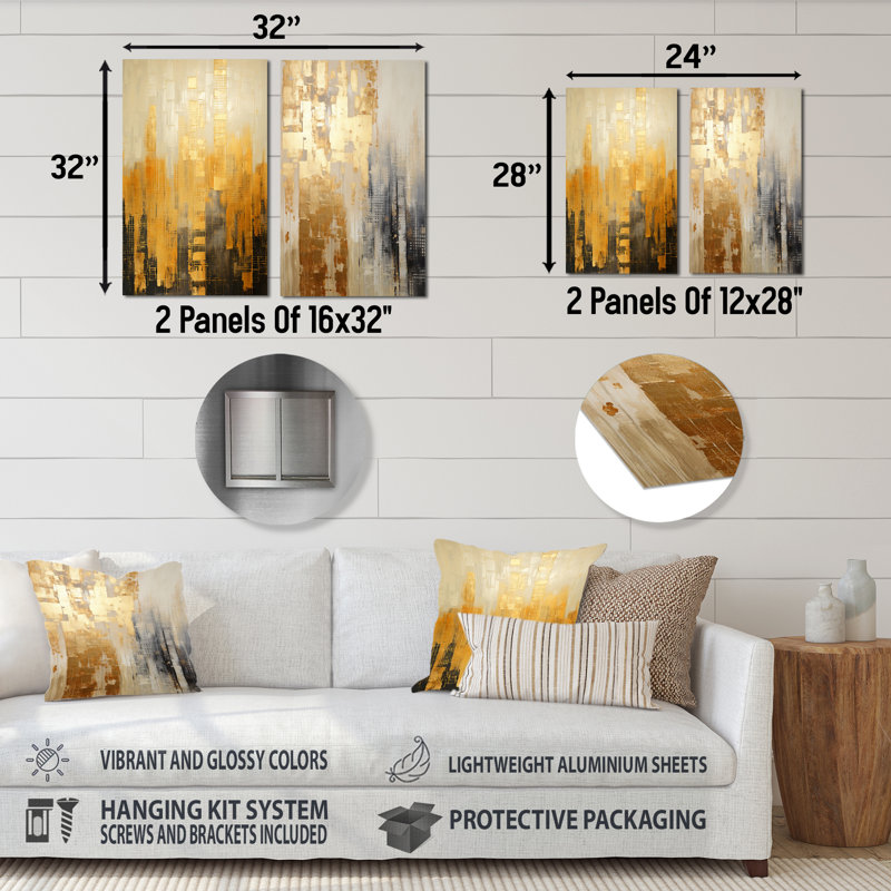 «Golden Grid Skyscraper Skyline», ensemble de 2 reproductions d'art en métal sur gratte-ciel, H 32 po x l 32 po