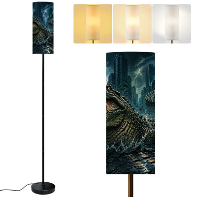  68.5" Standing Floor Lamp Giant Alligator Emerging from Cracked City Streets Thunderstorm Dimmable Metal Pole Lamp with Linen Lampshade LED Bulb Included