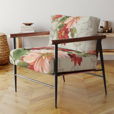 «Guerline - Fleurs peintes en rouge sur carte postale II - Fauteuil d'appoint rembourré de style campagnard