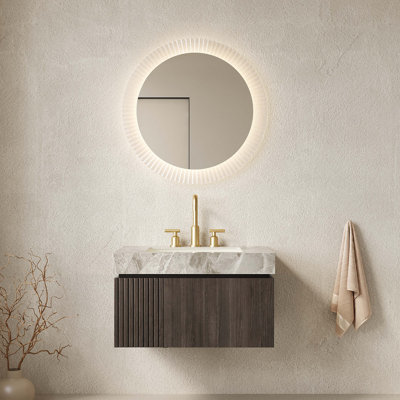 Meuble-lavabo 30 po, armoire de rangement en contreplaqué flottant avec tiroir et porte, comptoir en pierre frittée et lavabo en céramique avec 3 trous de robinet pré-percés