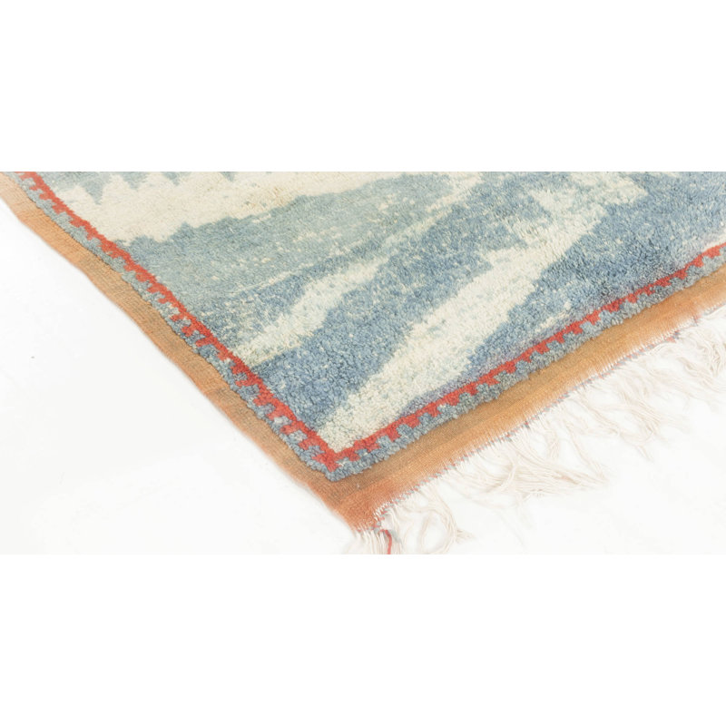 Tapis beige / bleu marocain rétro 3 pi 10 po x 5 pi 1 po Vintage